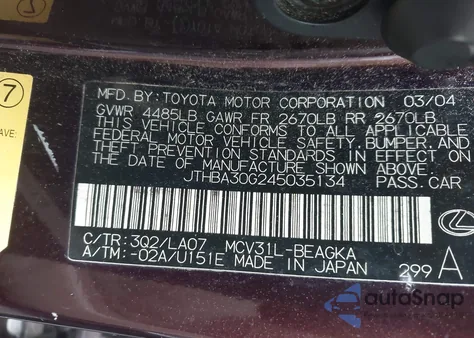 2004 Lexus Es 330 из США, поврежденный, VIN JTHBA30G245035134